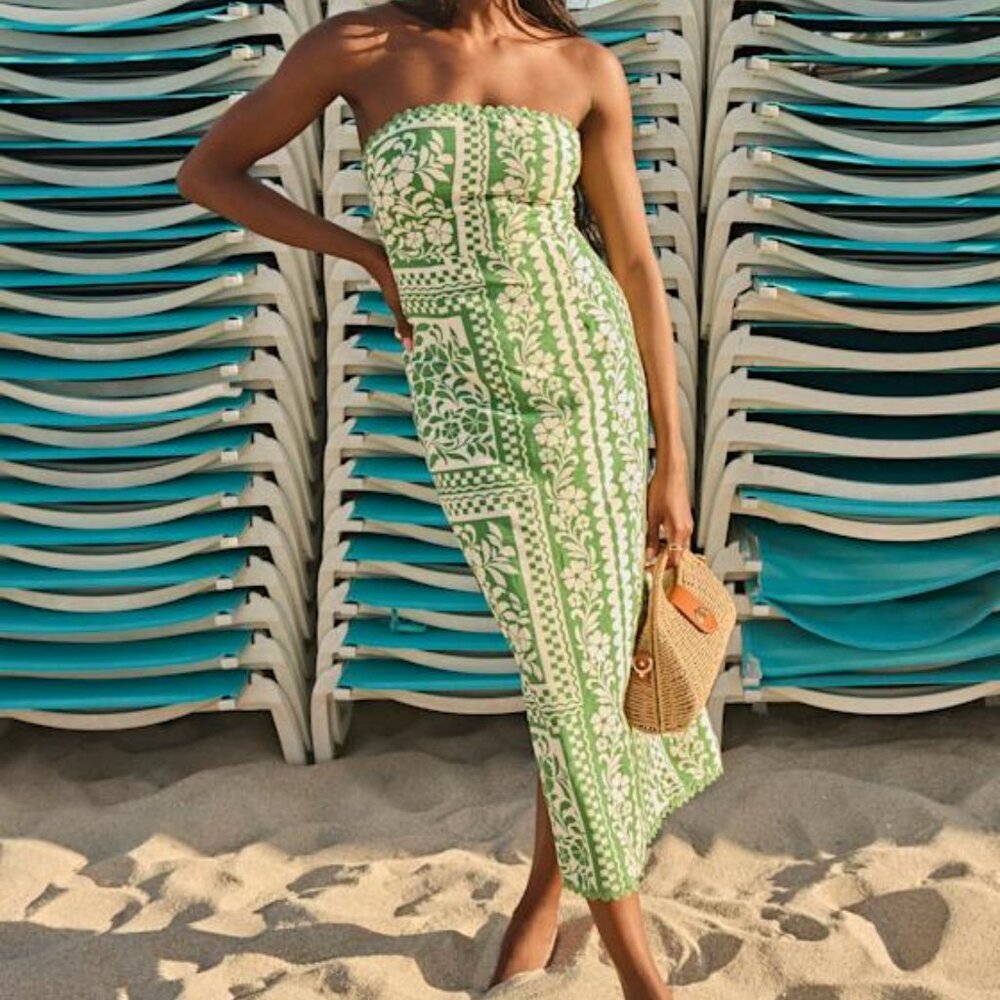 Lulu's Green and White Strapless Midi Dress